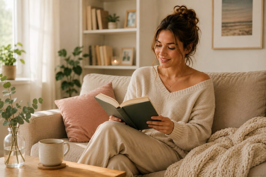 Woman relaxing at home and reading a book