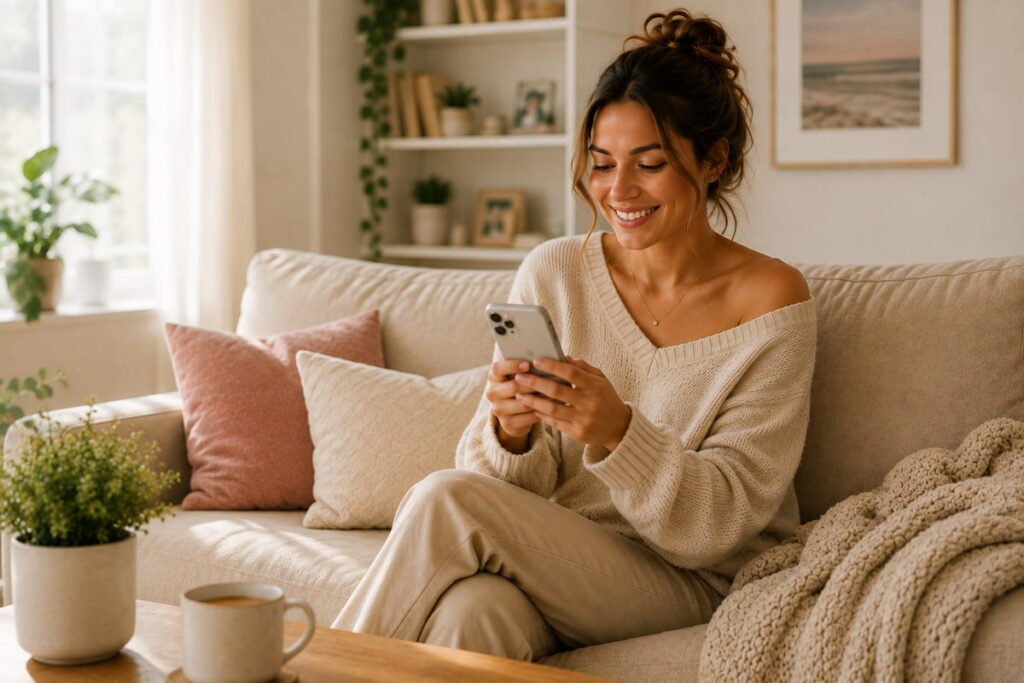 Woman smiling while using her phone at home