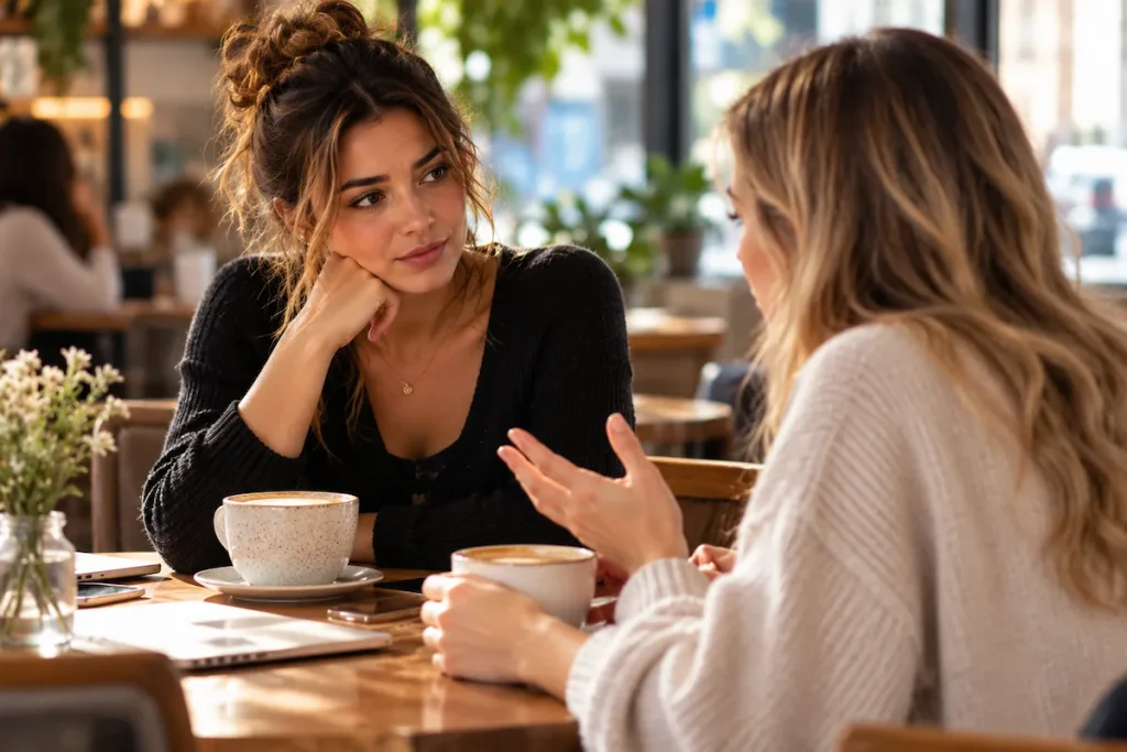 Two women talking about dating over coffee at a cafe