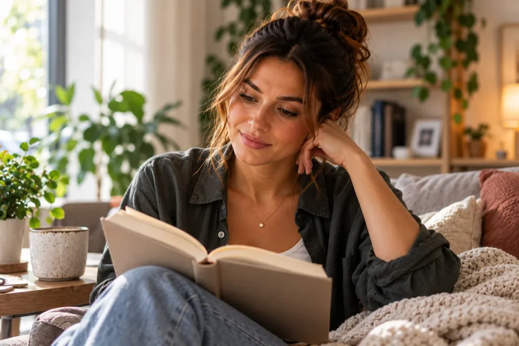 Emily reading a book while relaxing on the couch at home