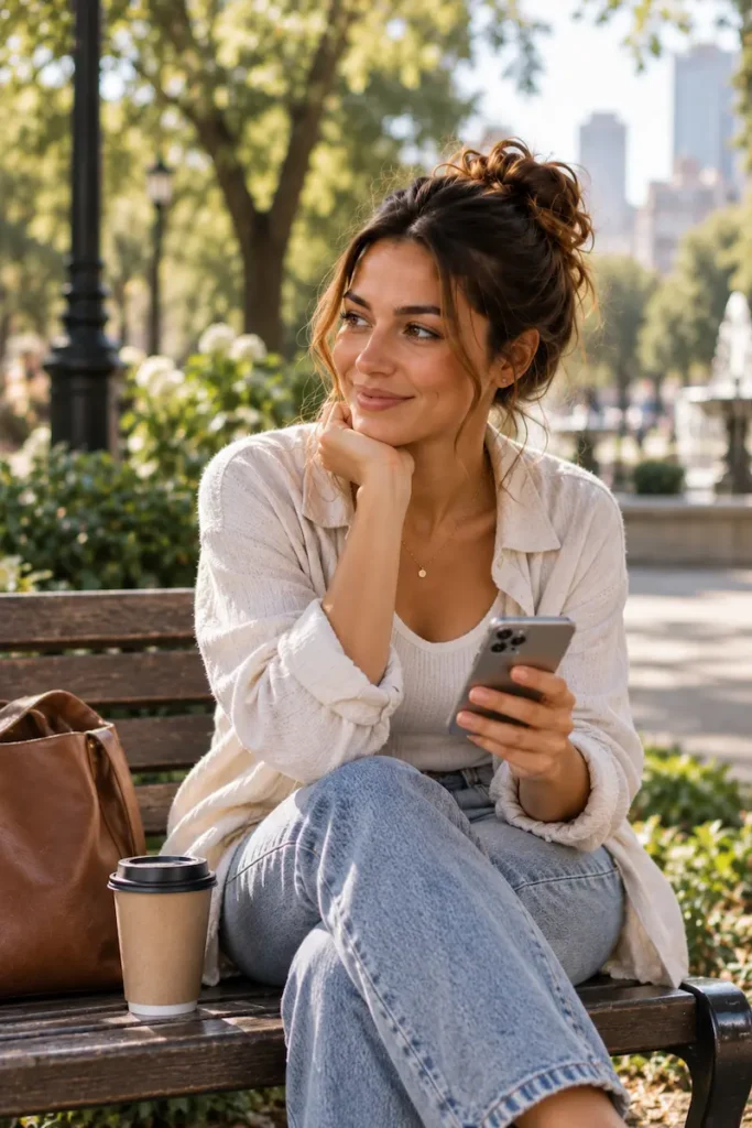 Woman sitting on a park bench with her phone before a first date