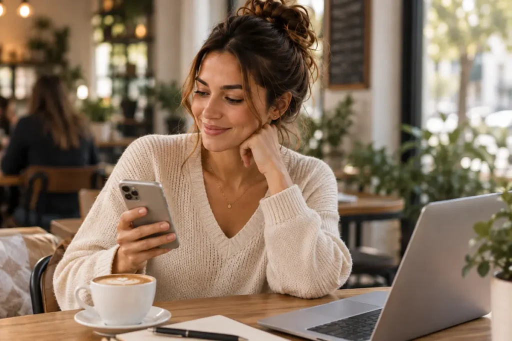 Woman checking her phone at a coffee shop before a first date