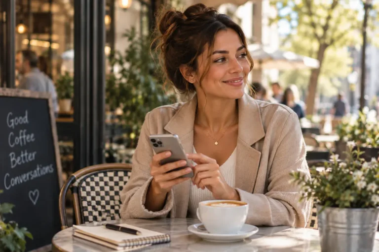 Woman waiting at a cafe with her phone before a first date