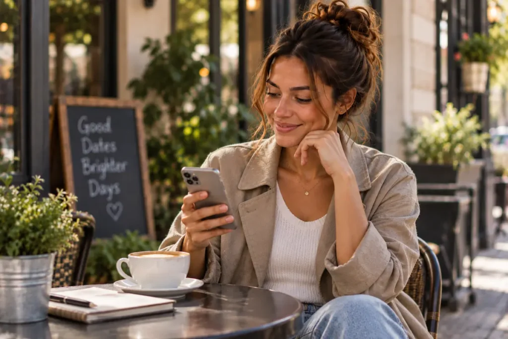 Woman checking her phone at an outdoor cafe before a first date