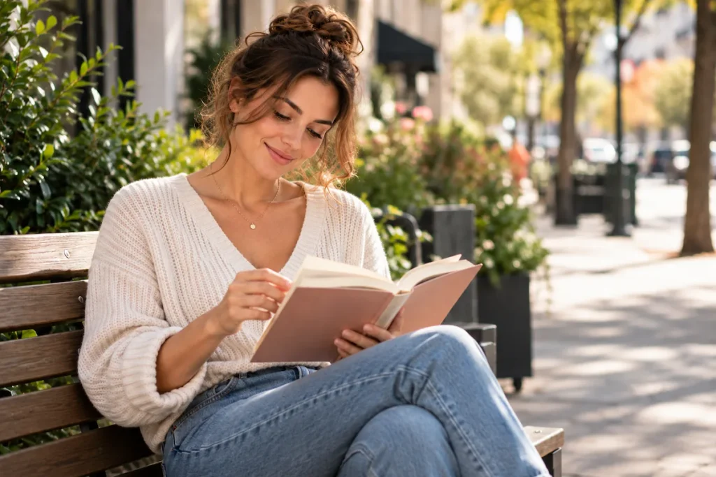Woman reading outdoors while enjoying personal time and independence