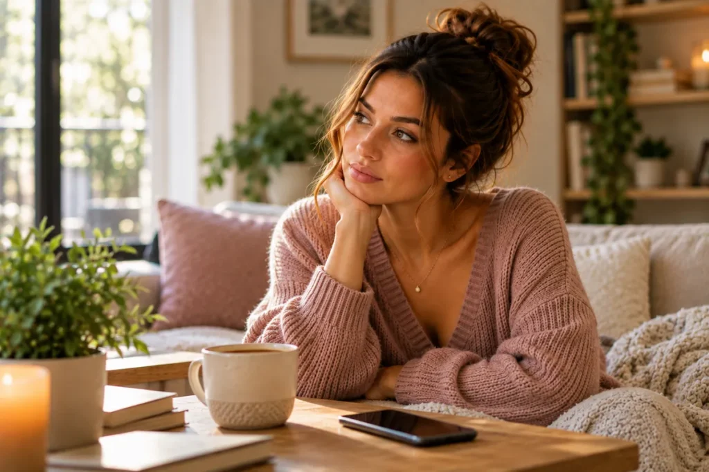 Woman thinking about texting while her phone rests nearby