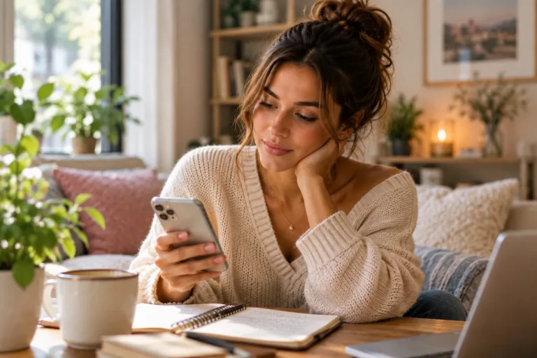 Woman looking at her phone while dating someone new