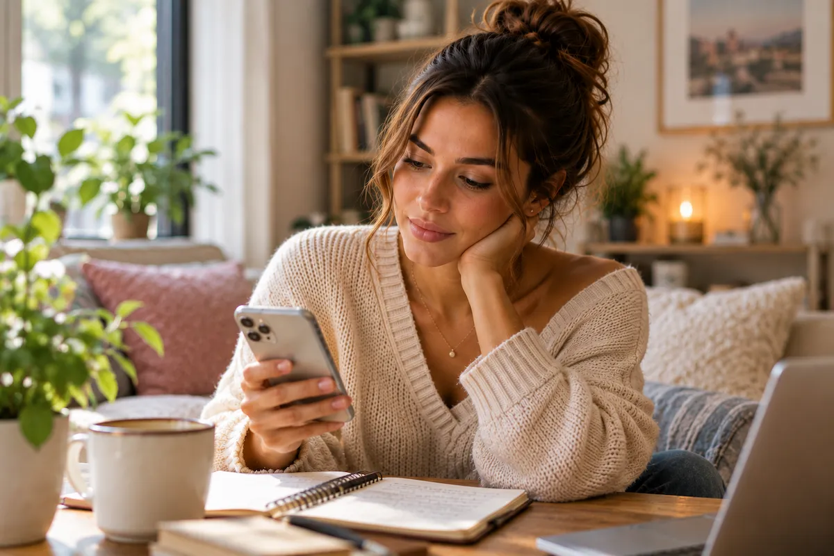 Woman looking at her phone while dating someone new