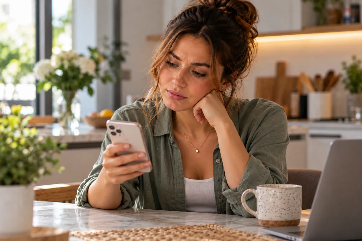 Woman looking at her phone while thinking about online dating red flags
