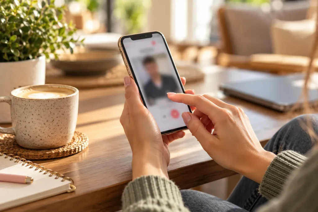 Woman using a smartphone while browsing an online dating profile