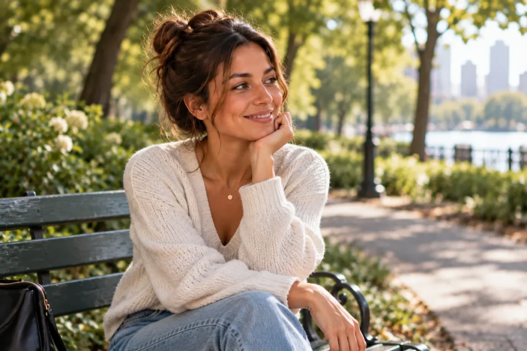 Emily sitting on a park bench and reflecting on a new relationship
