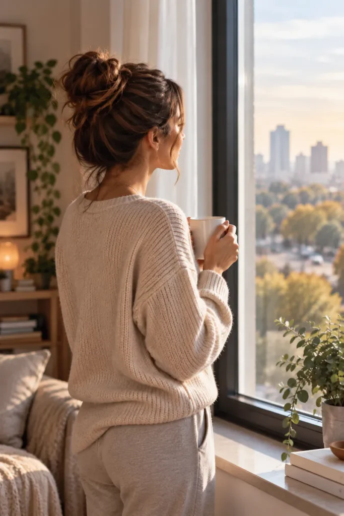 Emily looking out the window while thinking about someone she is dating