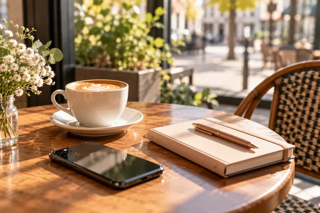 Phone placed face down on a cafe table next to coffee and a notebook